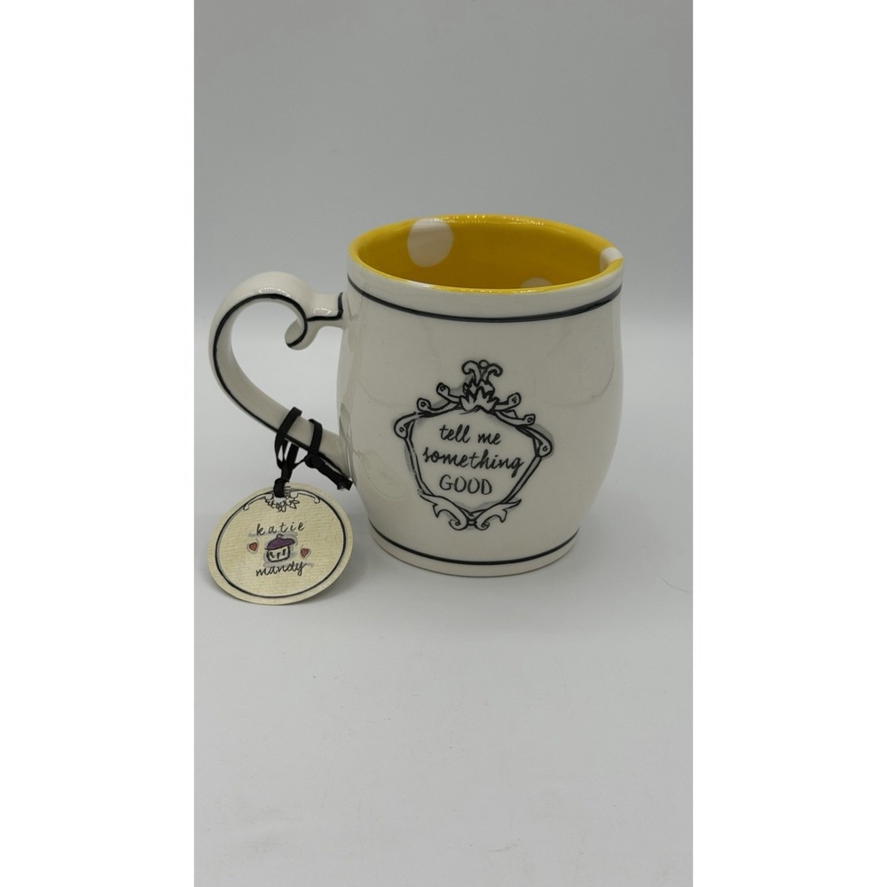 Katie Mandy "Tell Me Something Good" Mug White/Black Yellow Polka Dot Interior
